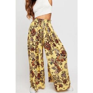 Free People Floral Print Wide-Leg Pants in Yellow